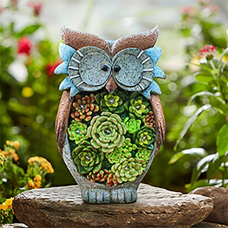 Lanterne Solaire Hibou Avec LED - Lampe De Jardin Décorative Avec Plantes Grasses Pour Terrasse Et Jardin