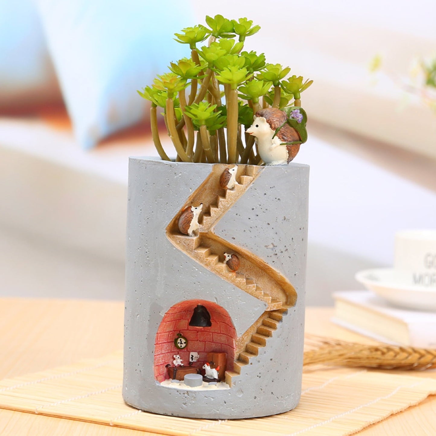 Pot De Plantes Décoratif Avec Hérisson Et Lapin Miniatures - Design Créatif De Cage D' Escalier Pour Plantes