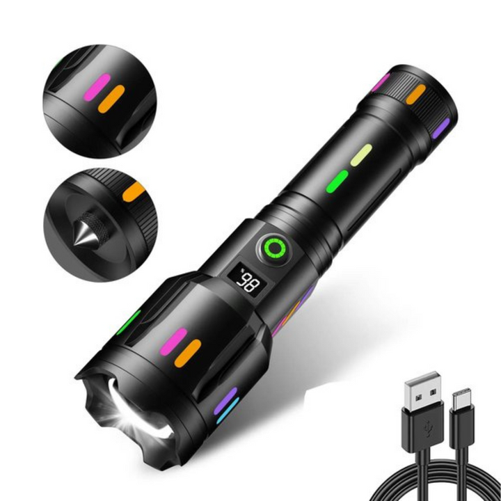 Lampe de Poche Led avec Affichage de la Puissance - Lampe de Poche Rechargeable Haute Performance avec Brise - Verre & Usb - C