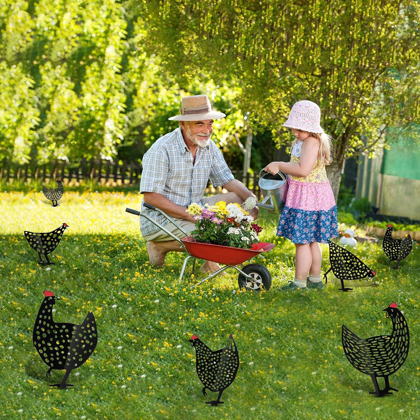 Poules Décoratives en Métal - Set de Fiches de Jardinage pour L' Extérieur