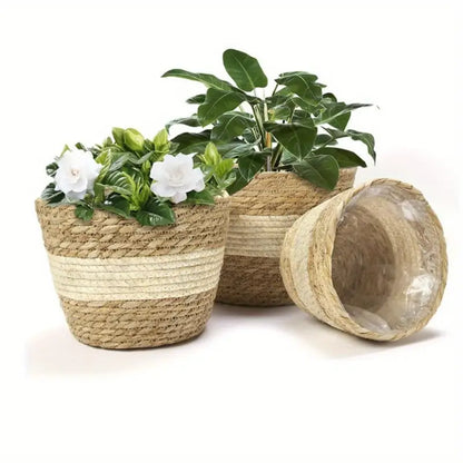 Par Lot De 3 Paniers À Plantes Décoratifs En Jonc De Mer - Pots De Fleurs Tressés À La Main Avec Insert En Film Plastique