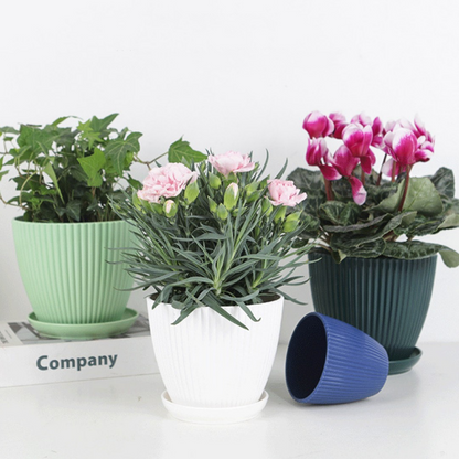 Pot De Fleurs Avec Structure Rainurée Et Soucoupe - Pot En Plastique Solide Pour Les Plantes