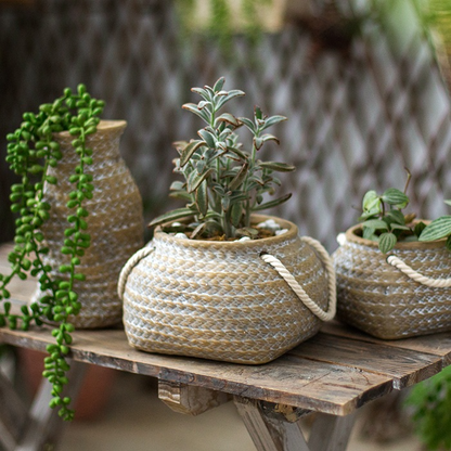 Pot de Plantes en Céramique en Forme de Sac de Chanvre avec Poignées en Corde - Pot de Fleurs Décoratif pour le Jardin et la Maison