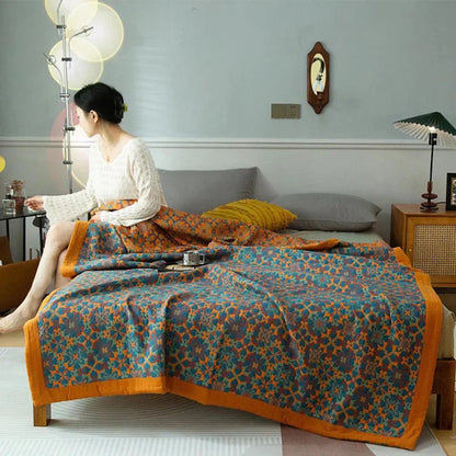 Couverture en Coton à Six Couches avec Motif Orange et Bleu