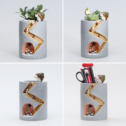 Pot De Plantes Décoratif Avec Hérisson Et Lapin Miniatures - Design Créatif De Cage D' Escalier Pour Plantes