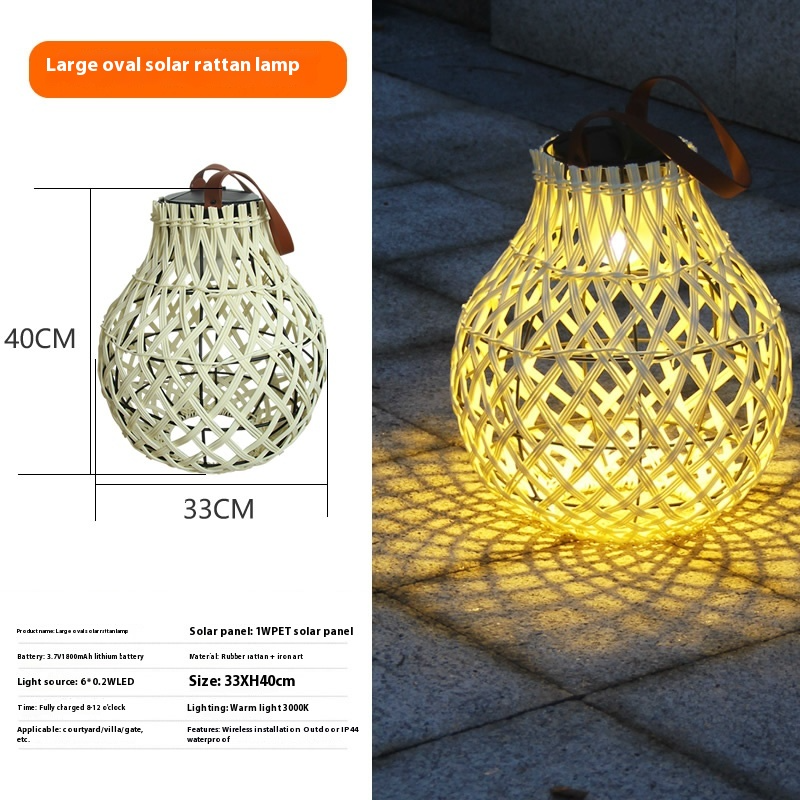 Lanterne Solaire LED en Rotin - Grand Éclairage Extérieur en Forme D' Ovale pour le Jardin et la Terrasse