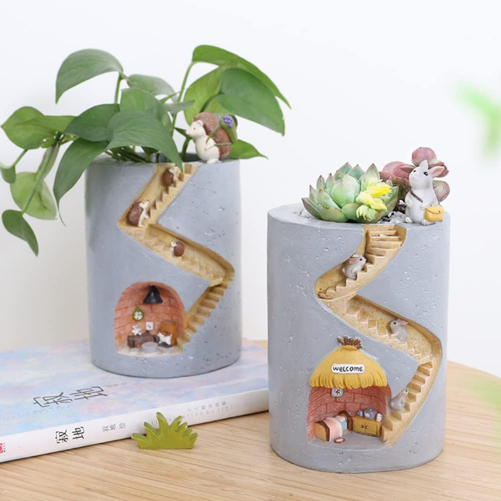 Pot De Plantes Décoratif Avec Hérisson Et Lapin Miniatures - Design Créatif De Cage D' Escalier Pour Plantes