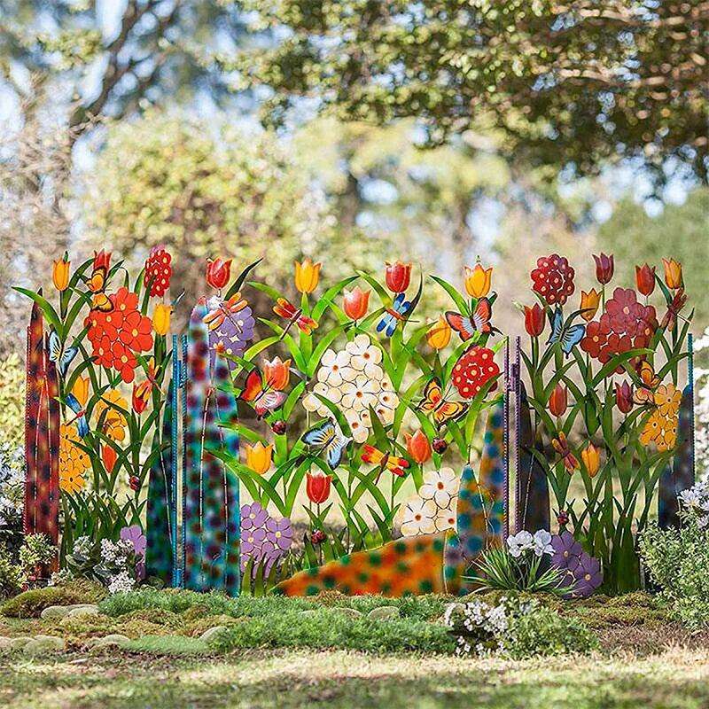 Décoration de Clôture de Jardin Multicolore avec Fleurs et Papillons - Clôture Métallique pour Jardin et Terrasse