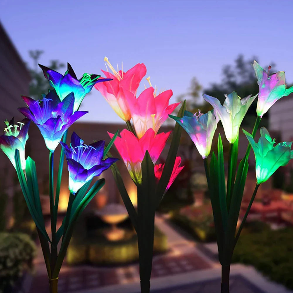 Lampes Florales Solaires à Led en Forme de Lys - Lumières de Jardin Changeant de Couleur avec Tige pour L' Extérieur