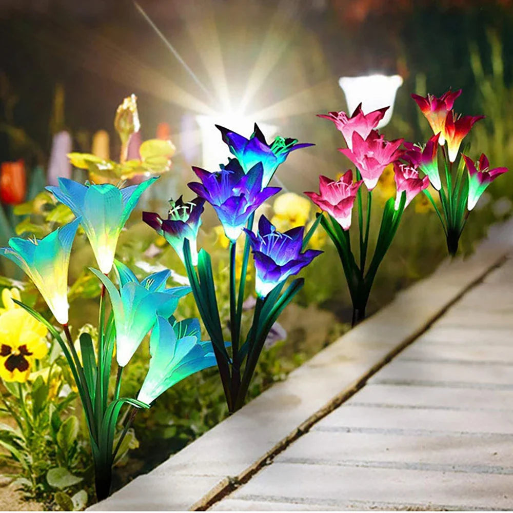 Lampes Florales Solaires à Led en Forme de Lys - Lumières de Jardin Changeant de Couleur avec Tige pour L' Extérieur