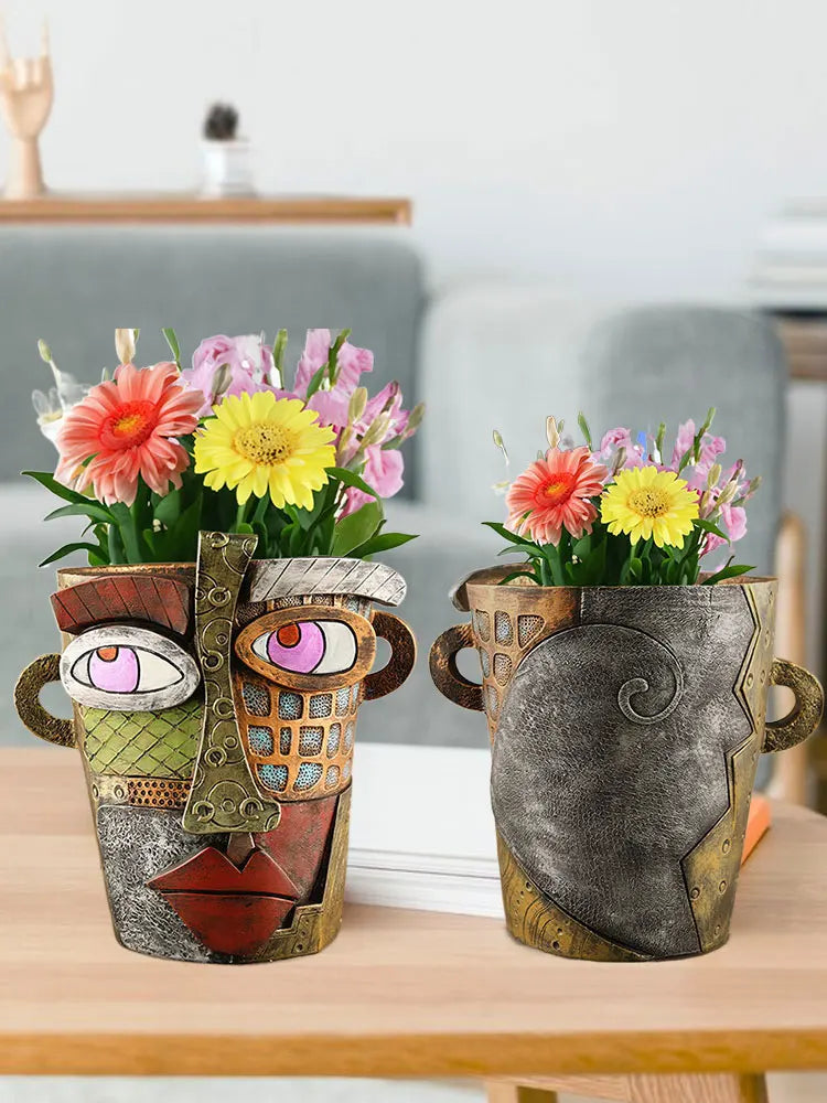 Pot de Fleurs Multicolore avec Visage - Décoration Créative pour la Maison et le Jardin