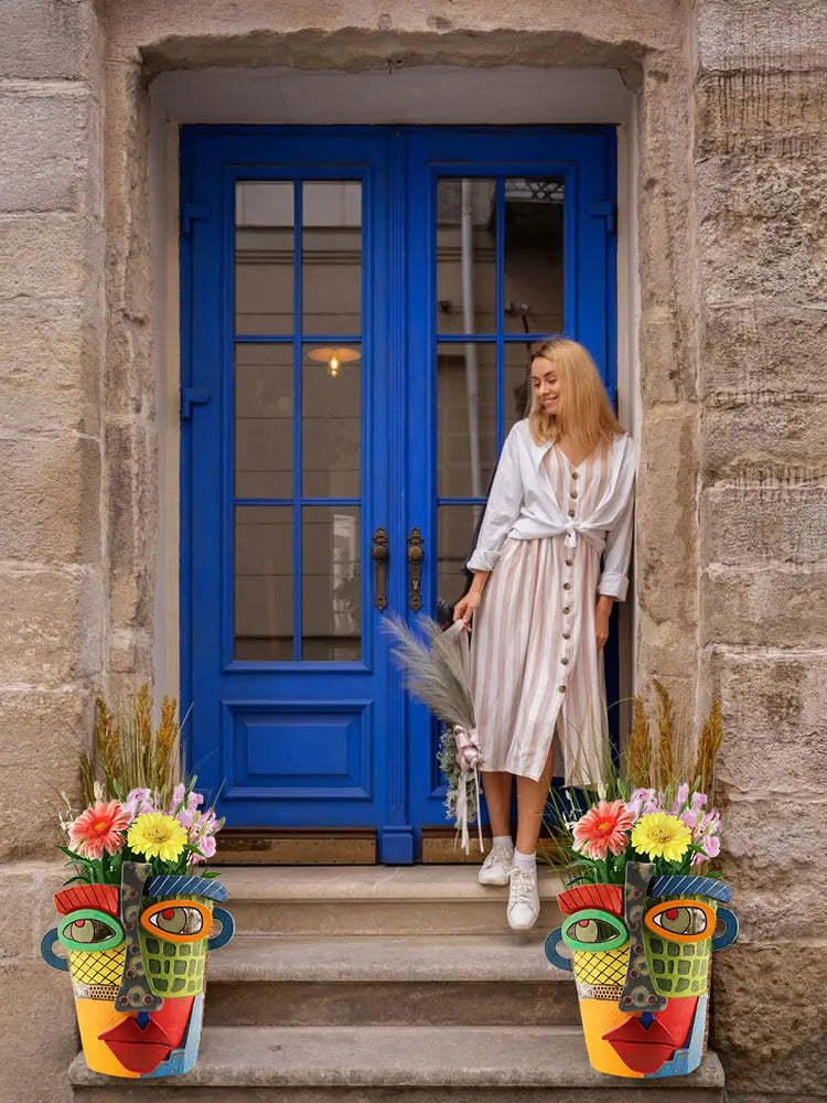 Pot de Fleurs Multicolore avec Visage - Décoration Créative pour la Maison et le Jardin