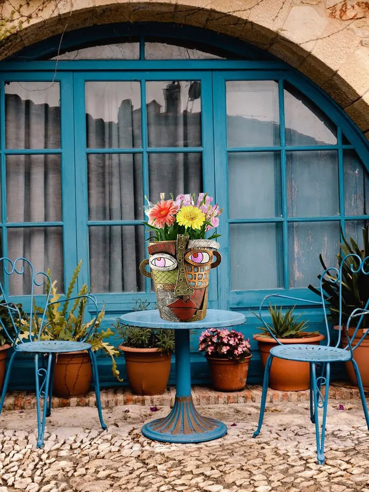 Pot de Fleurs Multicolore avec Visage - Décoration Créative pour la Maison et le Jardin