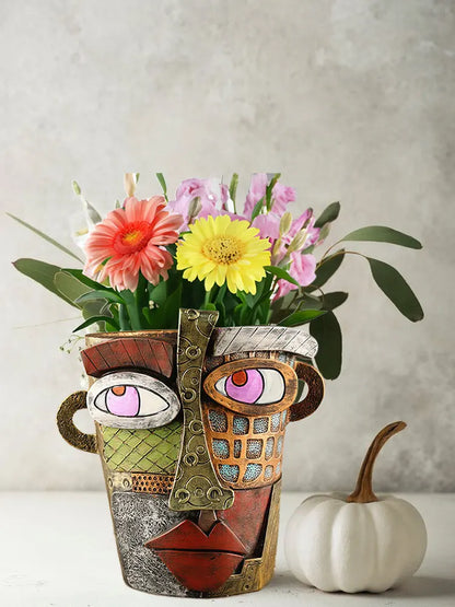 Pot de Fleurs Multicolore avec Visage - Décoration Créative pour la Maison et le Jardin