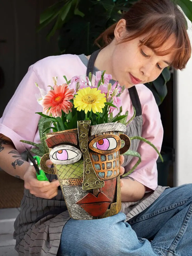 Pot de Fleurs Multicolore avec Visage - Décoration Créative pour la Maison et le Jardin