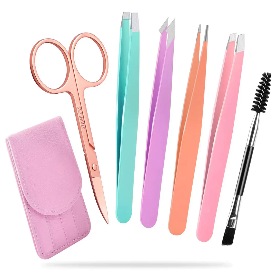 Set de Pincettes de Précision - Kit de 6 Pincettes à Sourcils avec Étui de Voyage