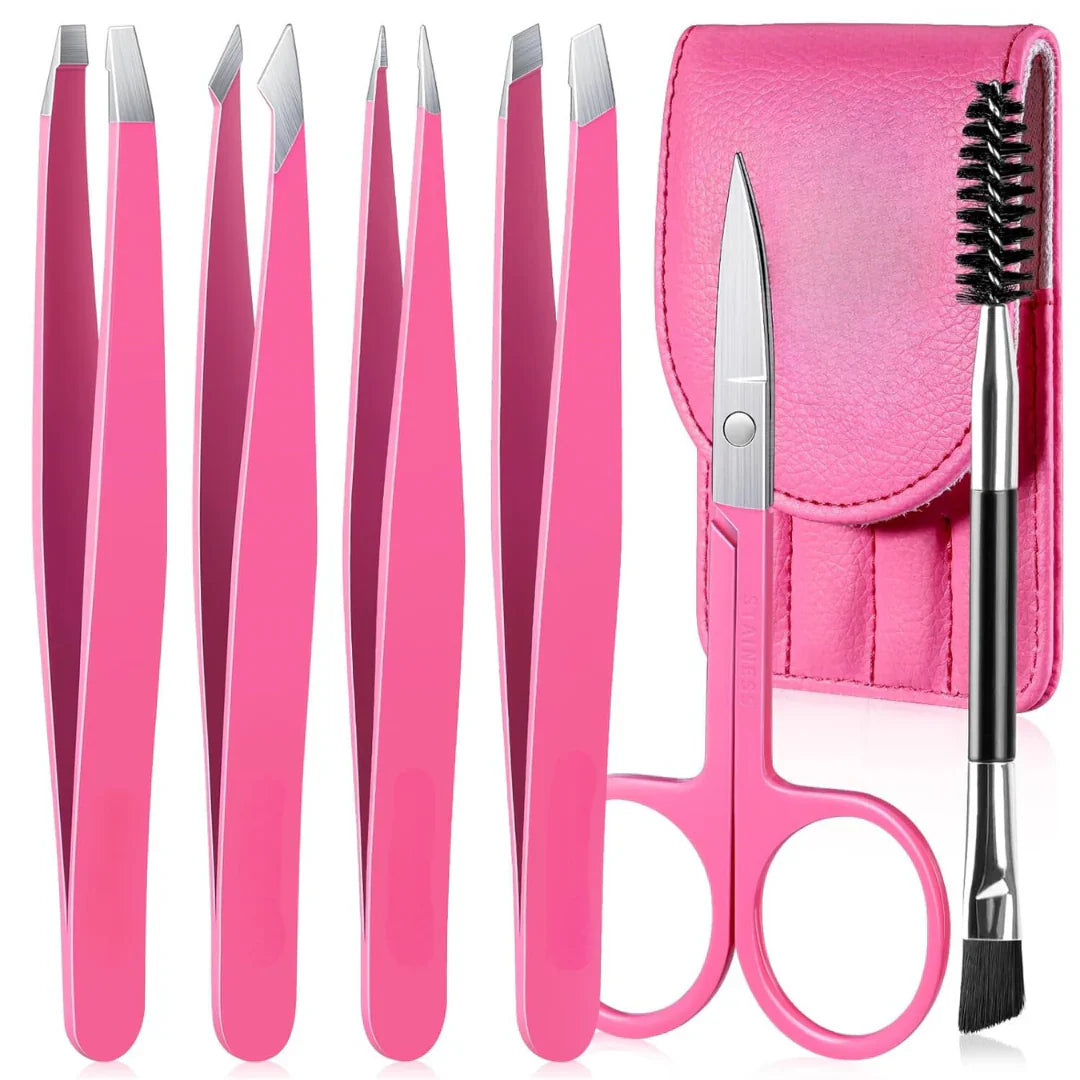Set de Pincettes de Précision - Kit de 6 Pincettes à Sourcils avec Étui de Voyage