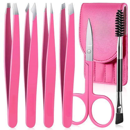 Set de Pincettes de Précision - Kit de 6 Pincettes à Sourcils avec Étui de Voyage