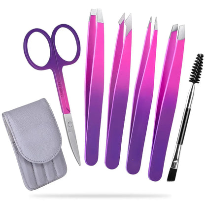 Set de Pincettes de Précision - Kit de 6 Pincettes à Sourcils avec Étui de Voyage