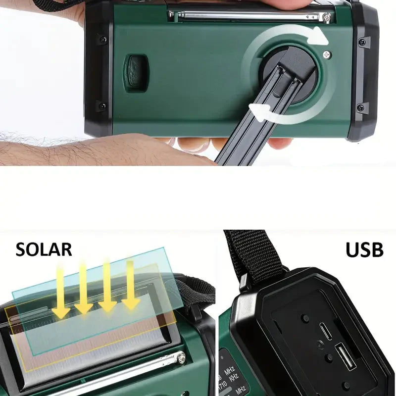 Radio D' Urgence Solaire avec Powerbank - Radio à Manivelle avec Lampe de Poche à Led pour le Camping et L' Extérieur