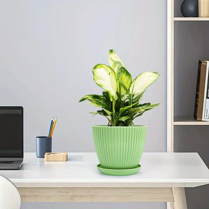 Pot De Fleurs Avec Structure Rainurée Et Soucoupe - Pot En Plastique Solide Pour Les Plantes